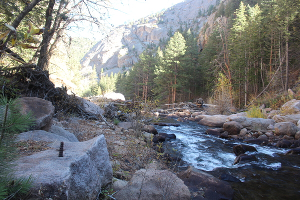 2025-10-14 Rebar from destroyed bridge, embedded in rock off North St Vrain Creek