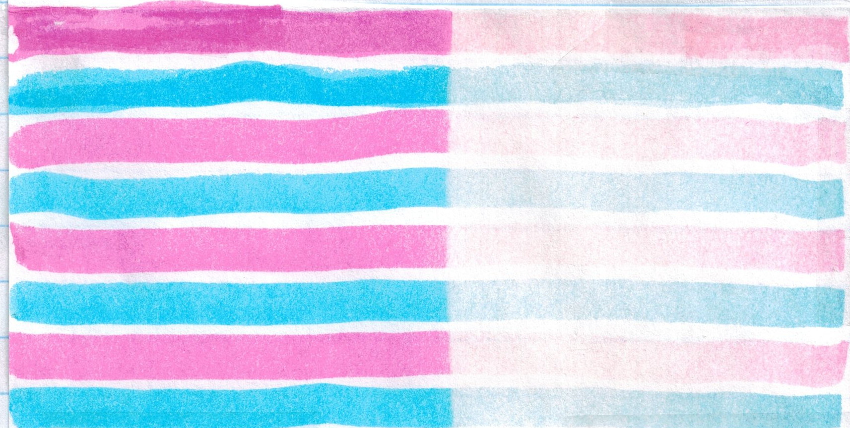 Pink and blue Sharpie highlighter on paper after exposing the right side with a 9W germicidal UVC lamp a few inches away for one hour